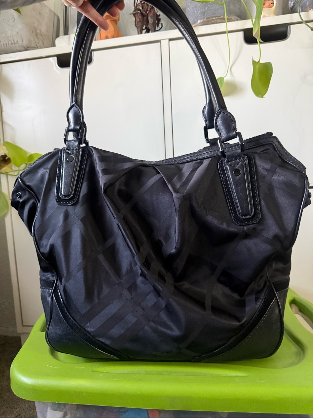 Burberry Black Tonal Check Shoulder Bag with Leather Trim
